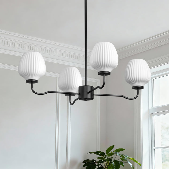 Ray 4-Light 30"W Brass/Black Modern Chandelier With Frosted Vase Glass Shade For Dining Room Or Kitchen Island #29037