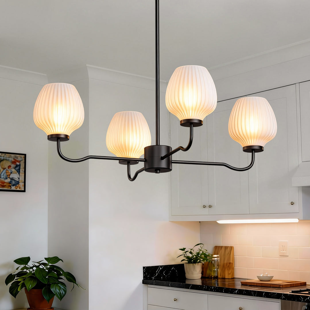 Ray 4-Light 30"W Brass/Black Modern Chandelier With Frosted Vase Glass Shade For Dining Room Or Kitchen Island #29037