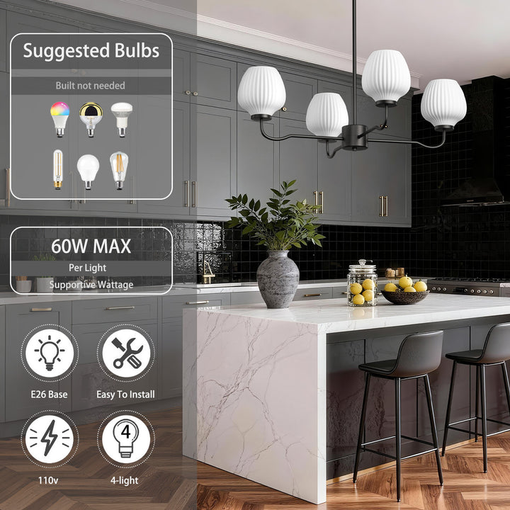 Ray 4-Light 30"W Brass/Black Modern Chandelier With Frosted Vase Glass Shade For Dining Room Or Kitchen Island #29037