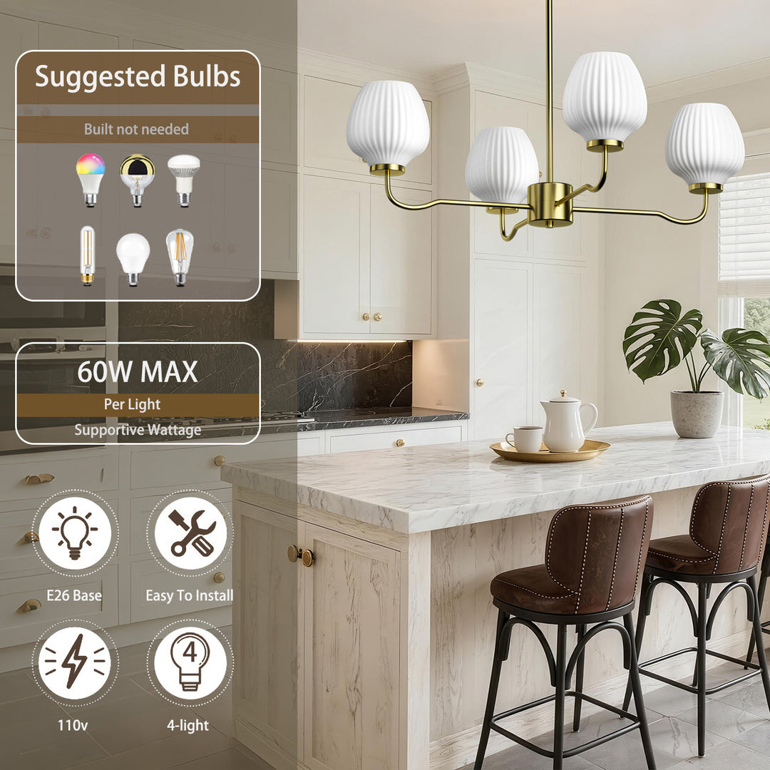 Ray 4-Light 30"W Brass/Black Modern Chandelier With Frosted Vase Glass Shade For Dining Room Or Kitchen Island #29037