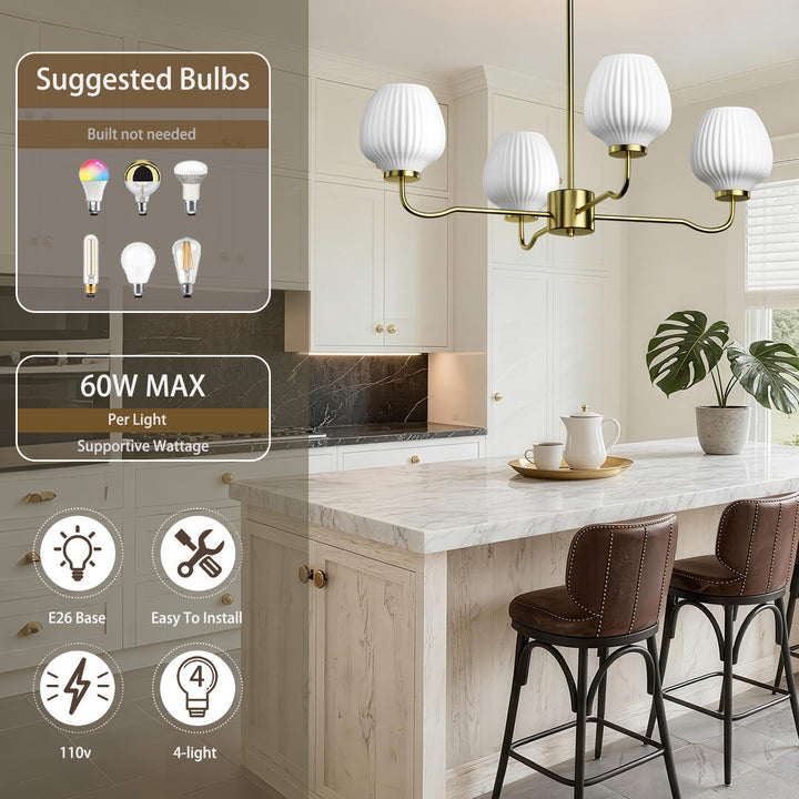 Ray 4-Light 30"W Brass/Black Modern Chandelier With Frosted Vase Glass Shade For Dining Room Or Kitchen Island #29037