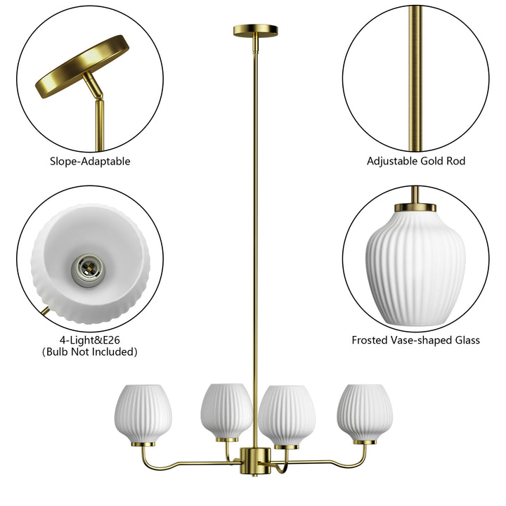 Ray 4-Light 30"W Brass/Black Modern Chandelier With Frosted Vase Glass Shade For Dining Room Or Kitchen Island #29037