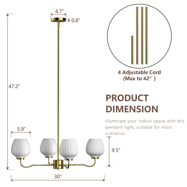 Ray 4-Light 30"W Brass/Black Modern Chandelier With Frosted Vase Glass Shade For Dining Room Or Kitchen Island #29037