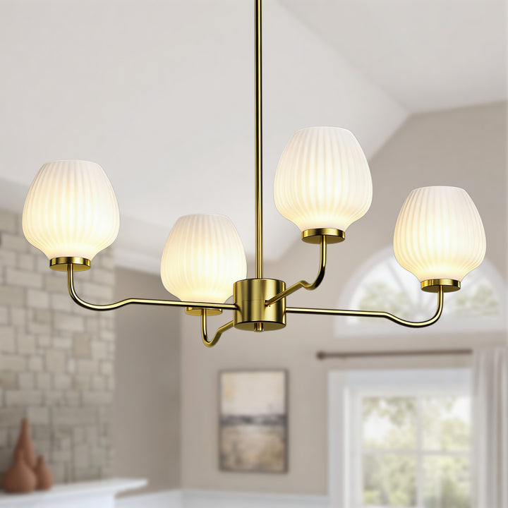 Ray 4-Light 30"W Brass/Black Modern Chandelier With Frosted Vase Glass Shade For Dining Room Or Kitchen Island #29037