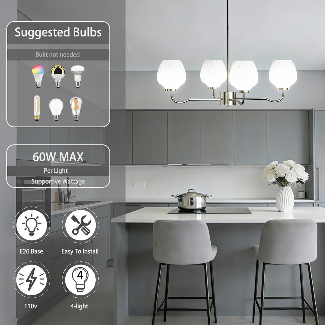 Ray 4-Light 30"W Brass/Black Modern Chandelier With Frosted Vase Glass Shade For Dining Room Or Kitchen Island #29037