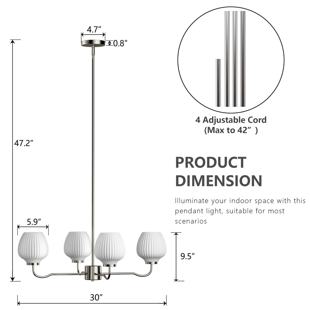 Ray 4-Light 30"W Brass/Black Modern Chandelier With Frosted Vase Glass Shade For Dining Room Or Kitchen Island #29037