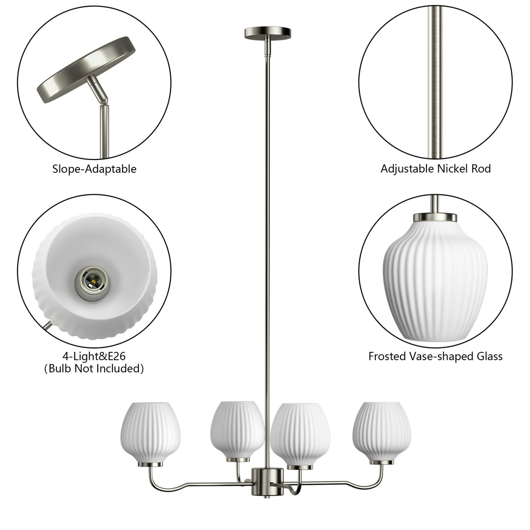 Ray 4-Light 30"W Brass/Black Modern Chandelier With Frosted Vase Glass Shade For Dining Room Or Kitchen Island #29037