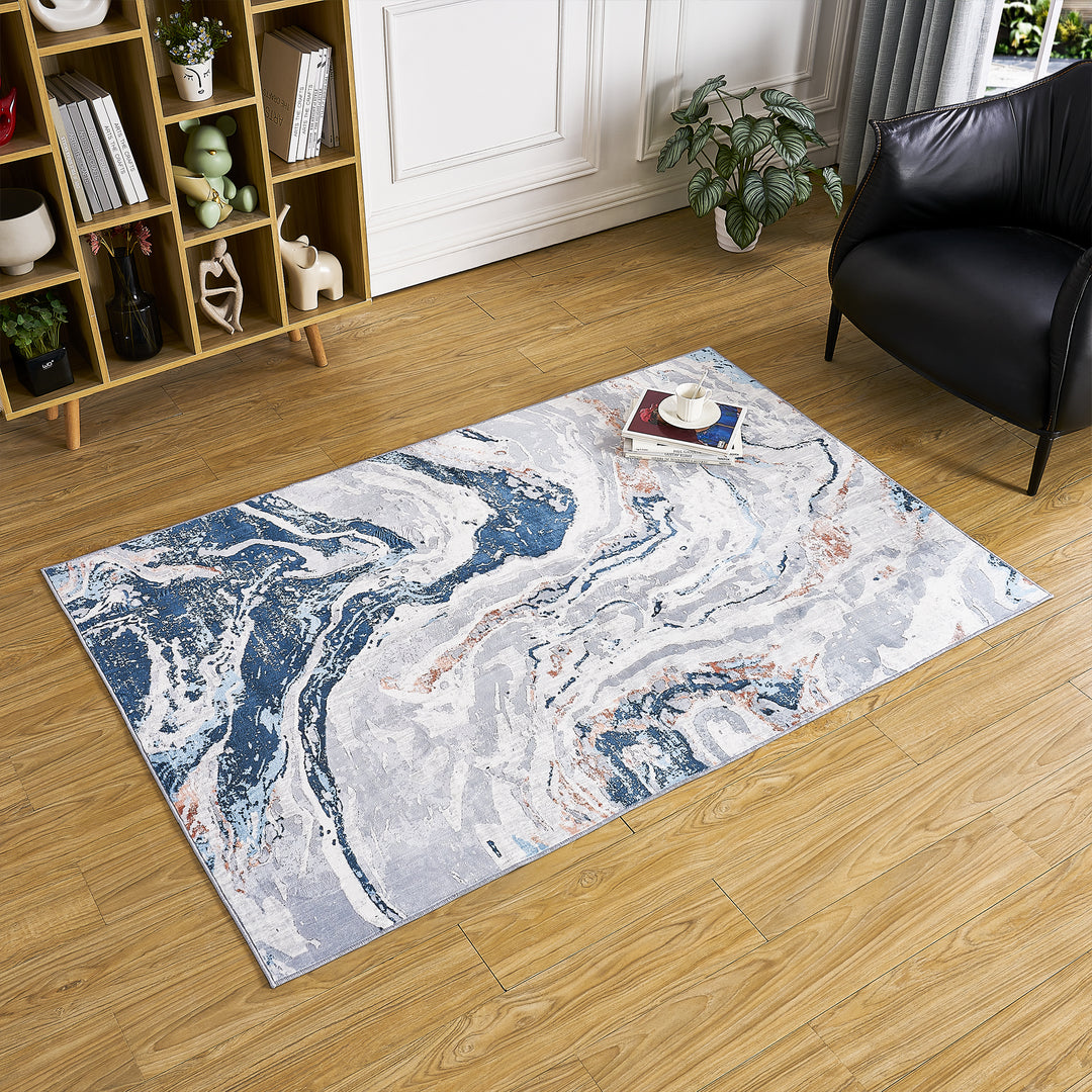 Lobello Blue Abstract Rugs Swirling Designs Machine Washable