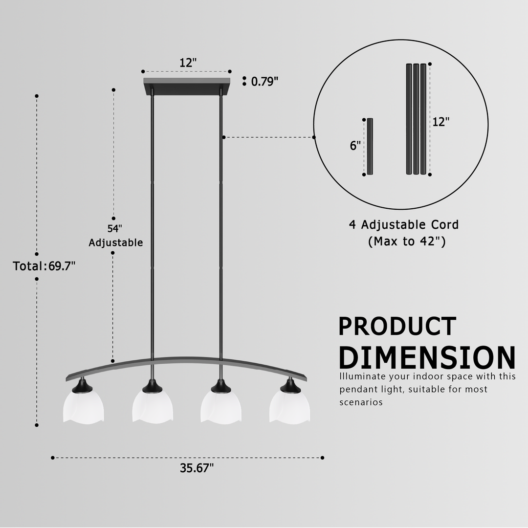 Twilight 4-Light 36"W Black/Brass Modern Linear Pendant Chandelier With Flower Frosted Glass Shades For Dining Room Or Kitchen Island #P39015