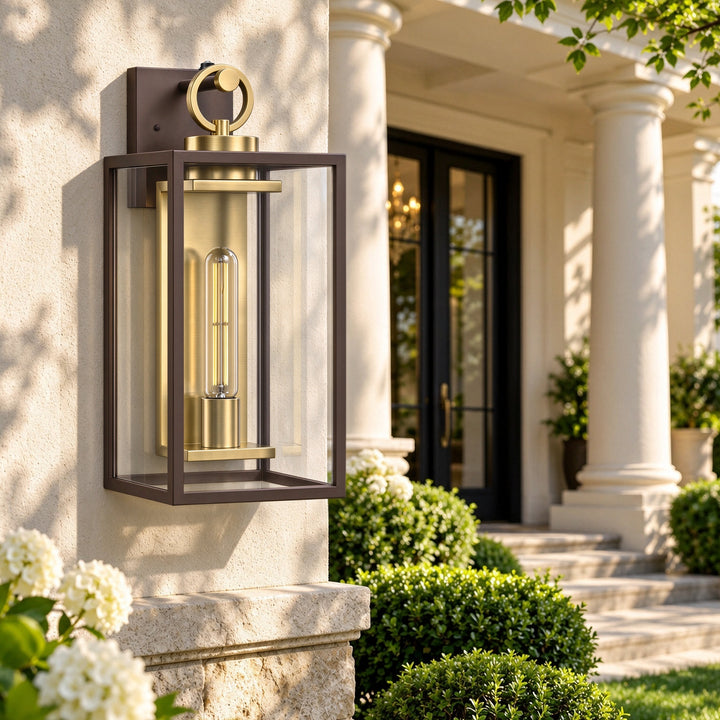 18.11" 1-Light Dusk-to-Dawn Outdoor Wall Sconce, Waterproof Matte Black Lantern with Clear Glass &amp; Brushed Gold Interior 