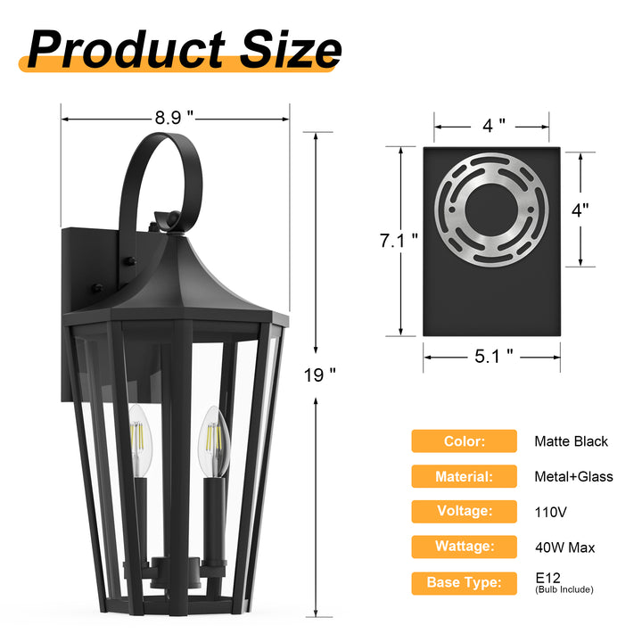 2-Light 19" Farmhouse Waterproof Outdoor Wall Lantern Sconce, Sand Grain Black Iron Frame &amp; Clear Tempered Glass, Hardwired Dusk to Dawn Photocell Exterior Front Porch Light
