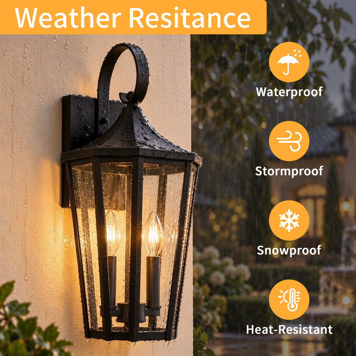 2-Light 19" Farmhouse Waterproof Outdoor Wall Lantern Sconce, Sand Grain Black Iron Frame &amp; Clear Tempered Glass, Hardwired Dusk to Dawn Photocell Exterior Front Porch Light