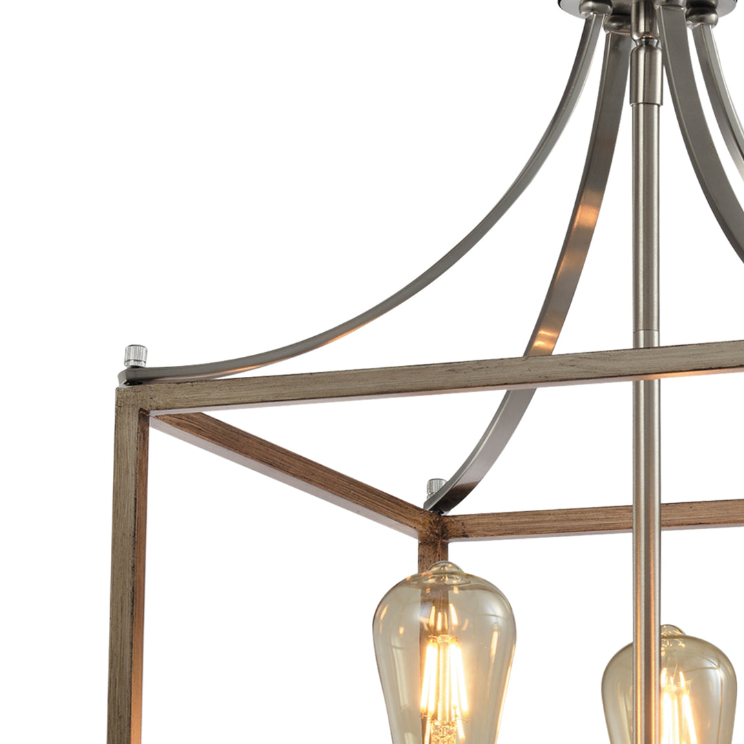 Maxax 3 - Light Lartern Square / Rectangle Wood / Sand Nickel Pendant With Wrought Iron #MX21031-3WD