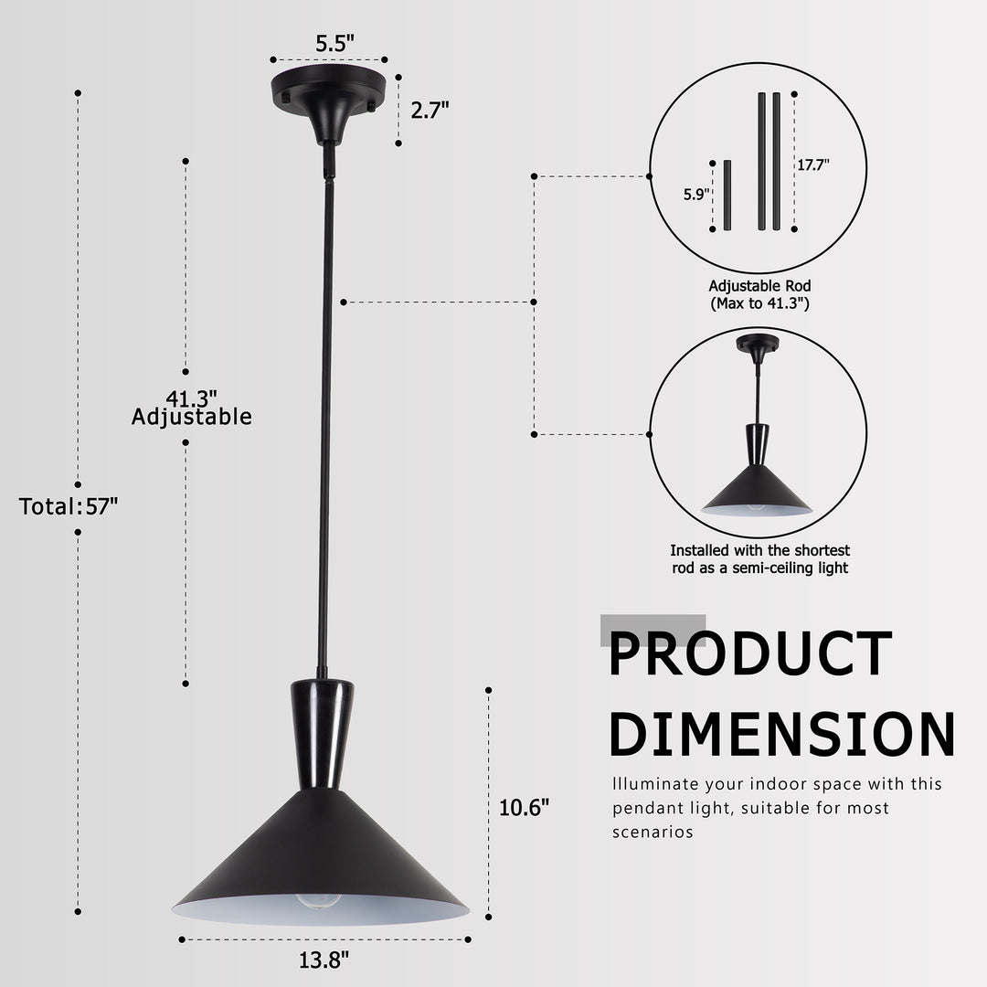 1-Light 13.8"W Black Metal Modern Cone Pendant With Marble Decoration For Kitchen Island Or Dining Room #19236