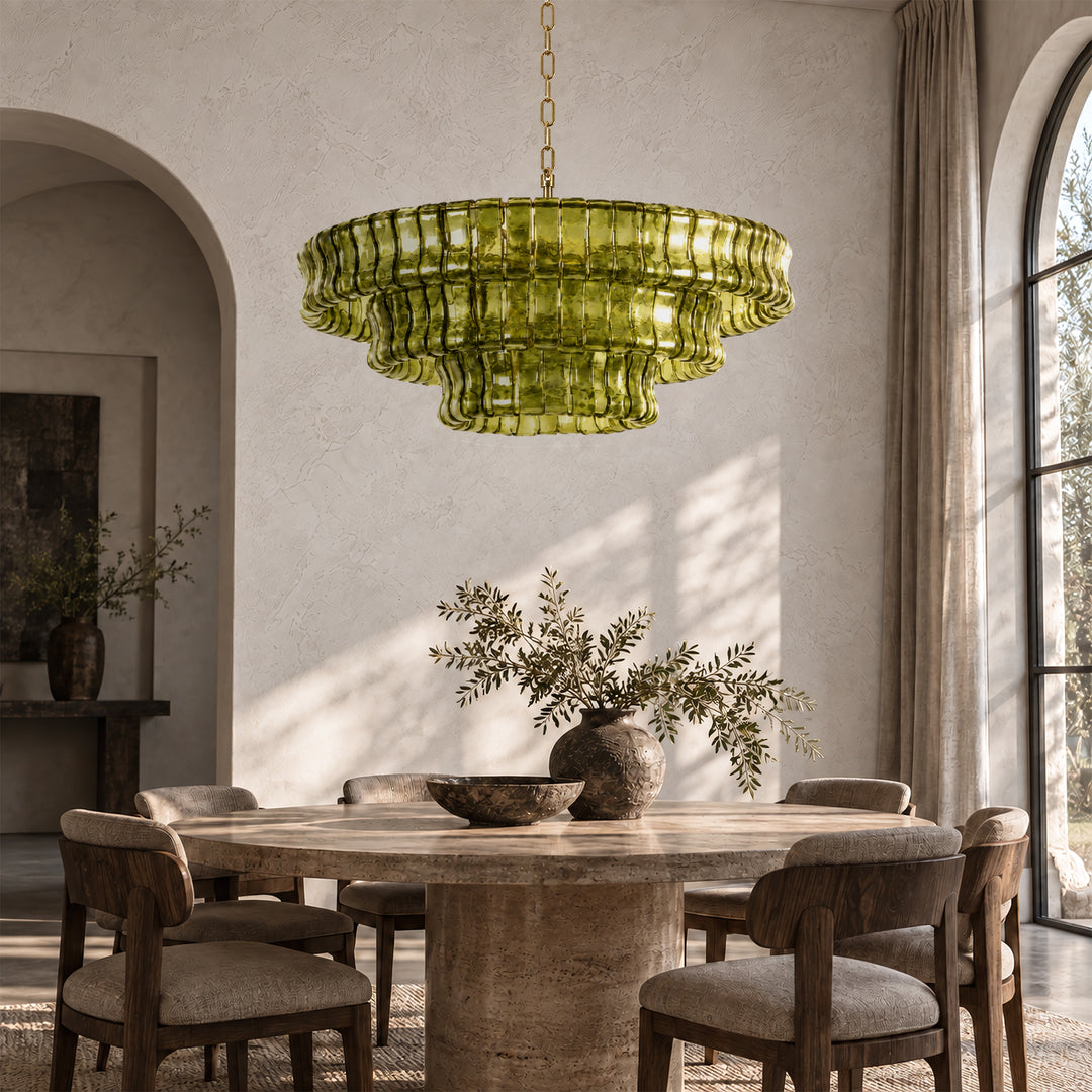 Lumen 9-Light 32"W Polished Brass Modern Tired Chandelier with Hand-Blown Amber Glass for Dining Room or Living Room 