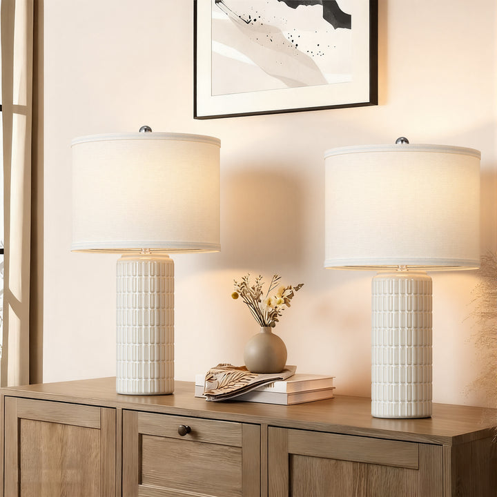 Aura 23" Contemporary Ceramic Table Lamp With Linen Shade, Modern Minimalist Design (Set of 2) #T282