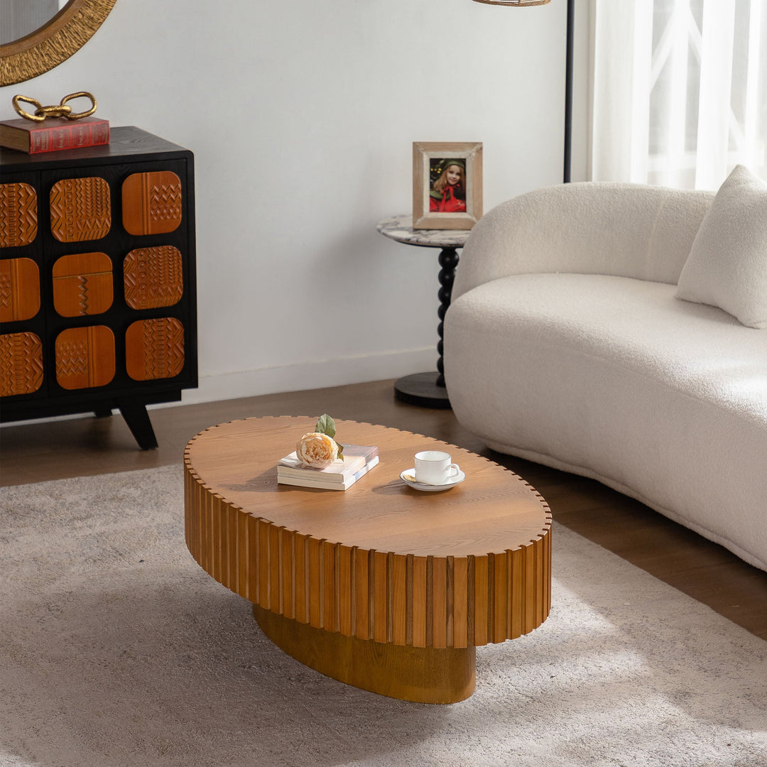 Timeless Round Coffee Table Handcrafted Relief Wooden Olive-Shaped Tea Table For Living Room #25013
