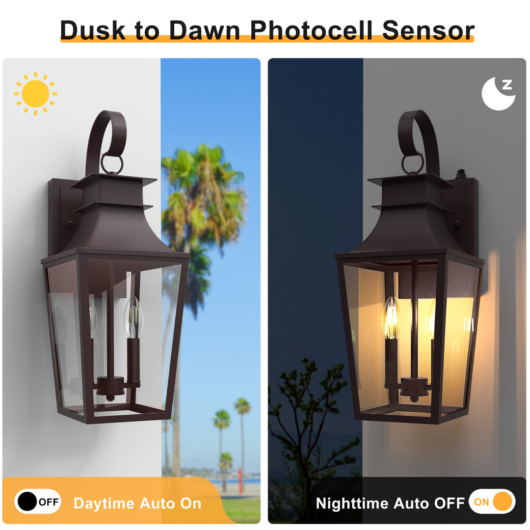 Tempered Glass Outdoor Wall Light With Dusk To Dawn #7060-2BK