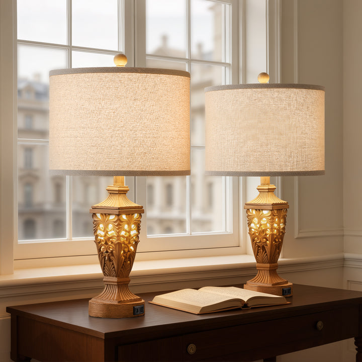 Farmhouse Carved Resin Table Lamp Set with Linen Drum Shades (Set of 2) #T278