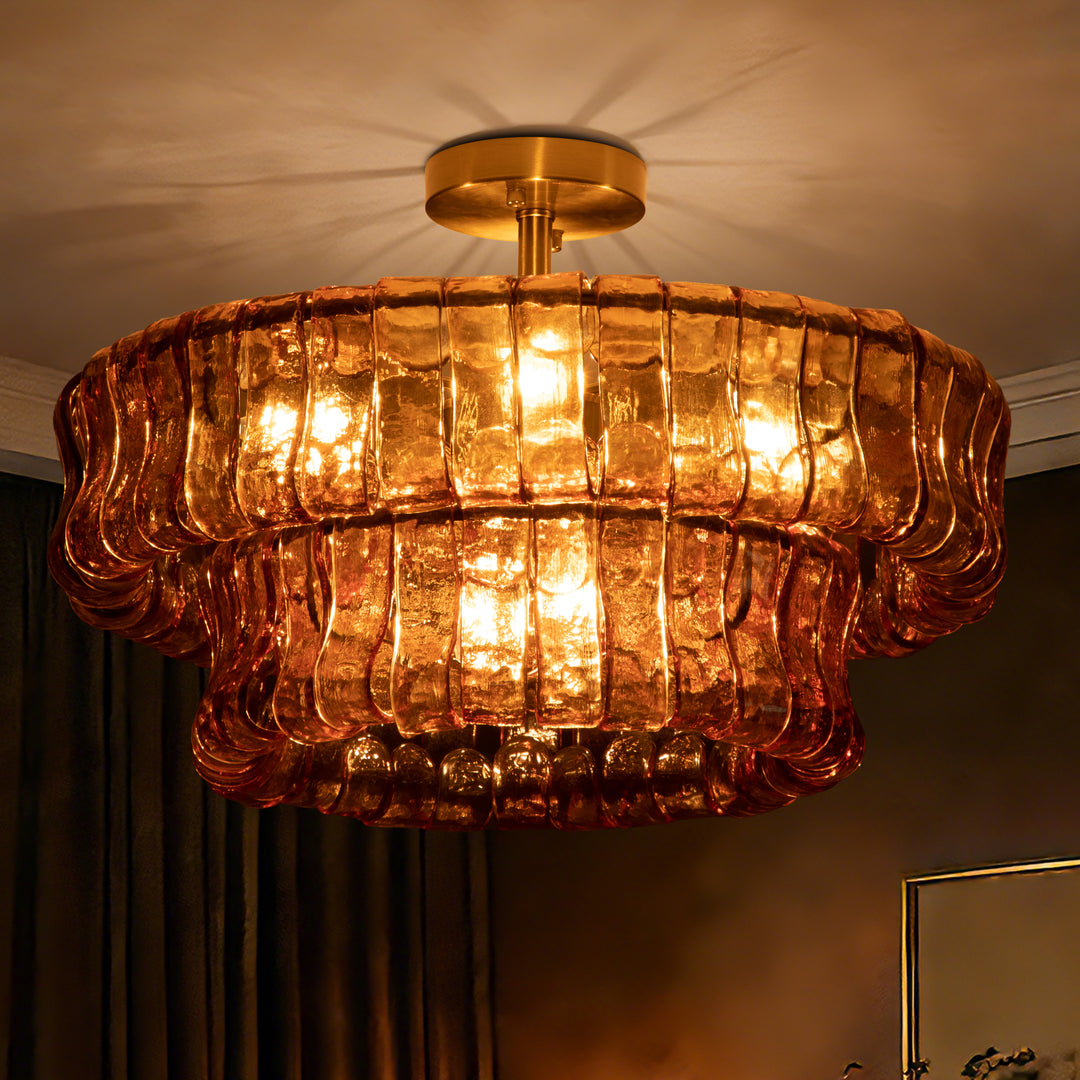 Lumen 20" 6-Light Brushed Brass Double-Layer Clear Artistic Glass Unique / Statement Semi-Flush Mount For Living Room/Bedroom #19235