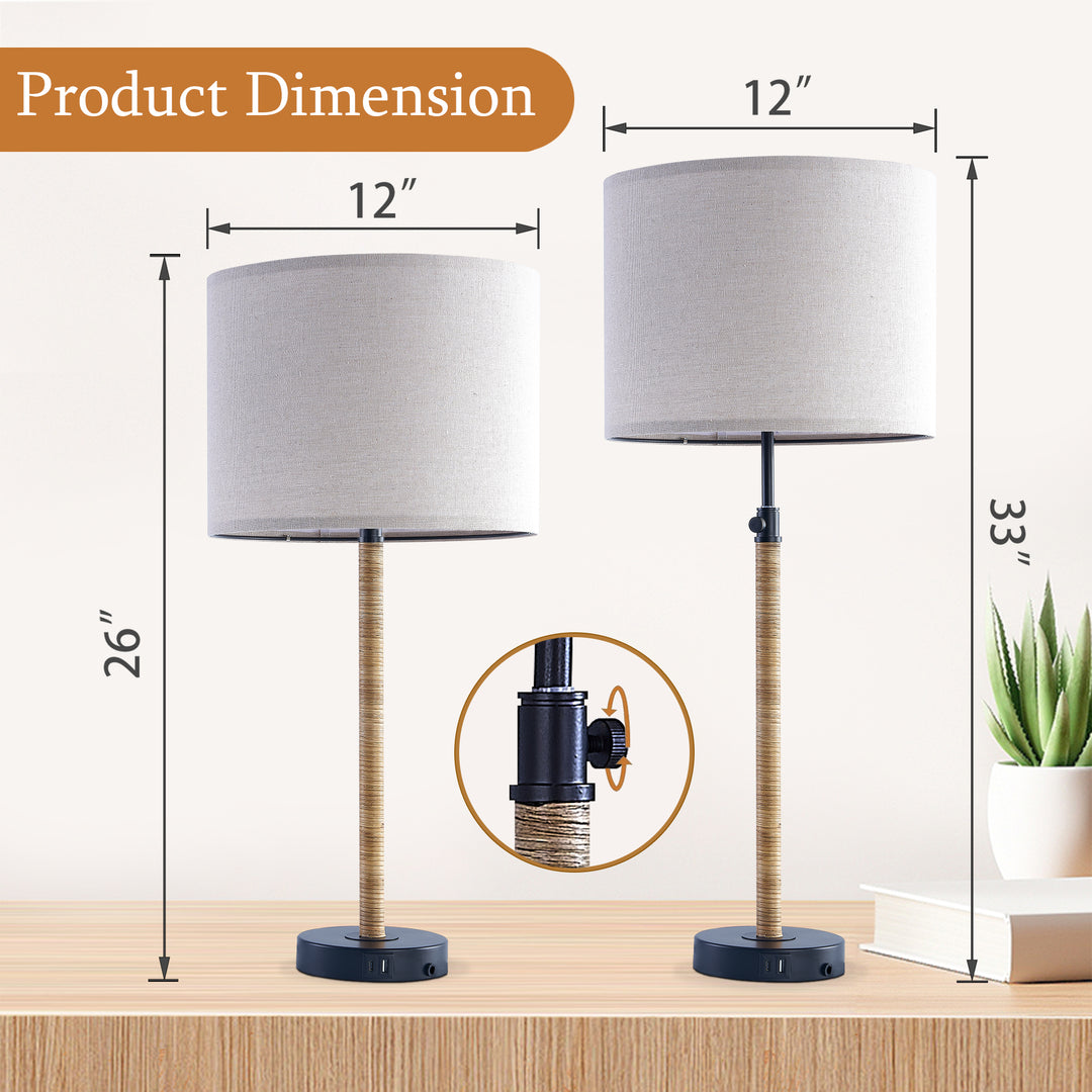 33'' Modern Farmhouse Metal And Rattan Table Lamp With Usb Ports For Living Room/Bedroom