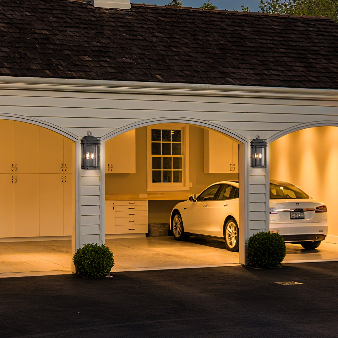 Solstice 2 - Light 16''H Black Iron Tempered Glass Outdoor Wall Light With Dusk To Dawn #7083