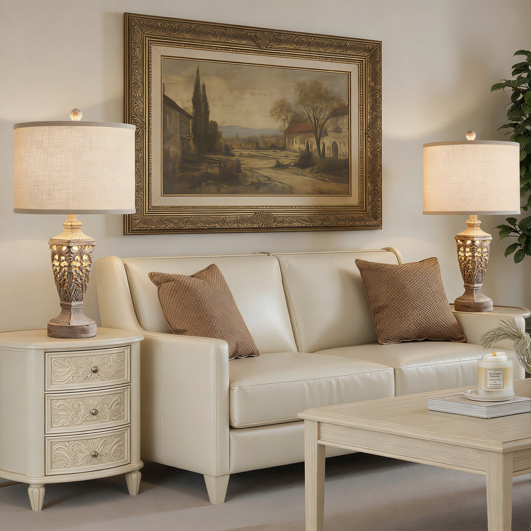 Farmhouse Carved Resin Table Lamp Set with Linen Drum Shades (Set of 2) #T278
