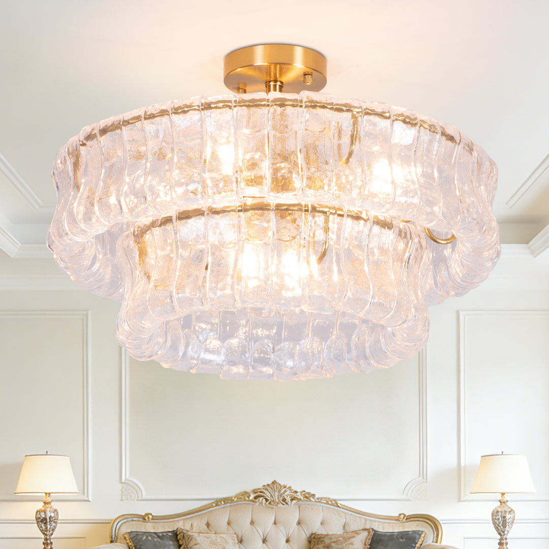 Lumen 20" 6-Light Brushed Brass Double-Layer Clear Artistic Glass Unique / Statement Semi-Flush Mount For Living Room/Bedroom #19235