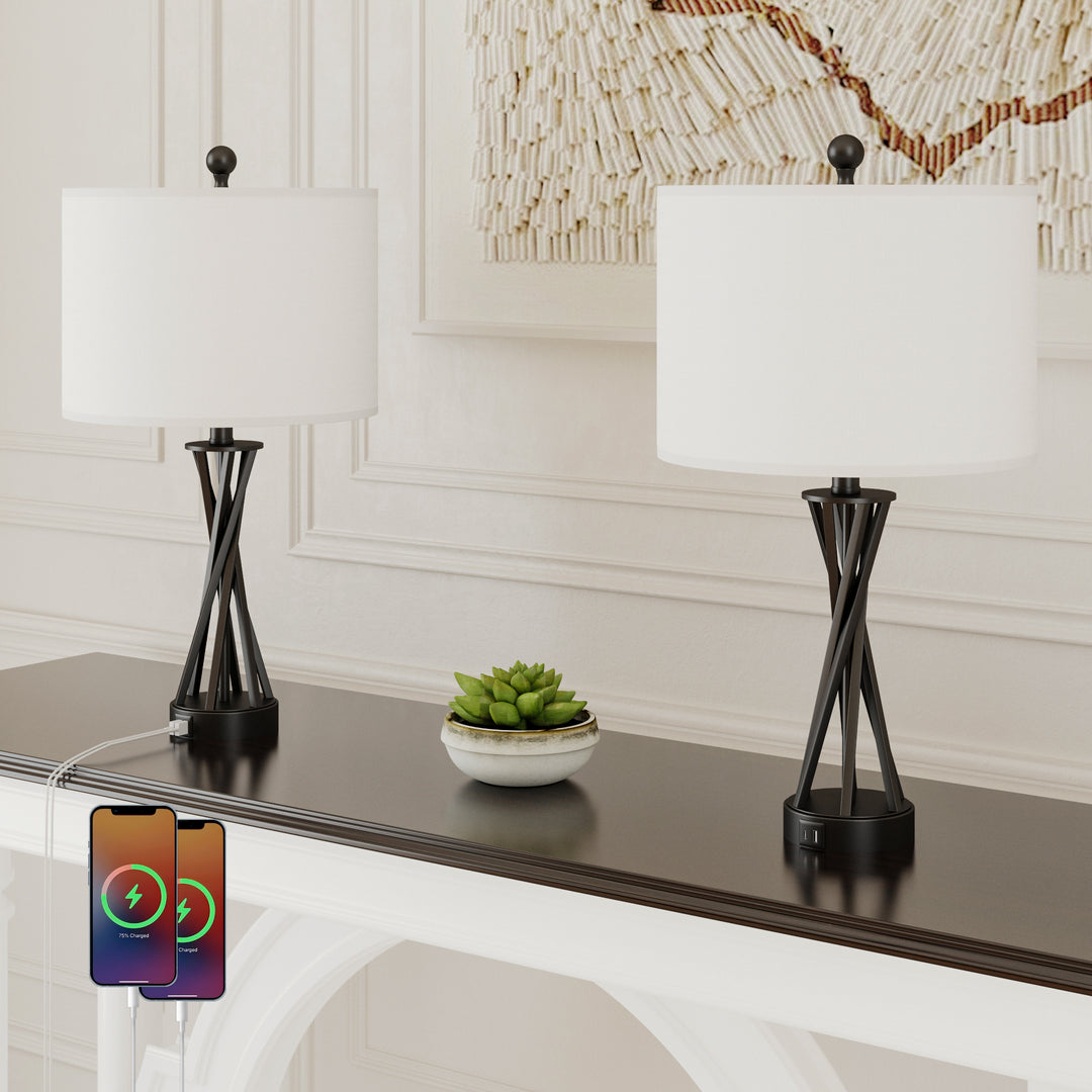 24'' Black Modern Metal Table Lamp With USB Ports #T257