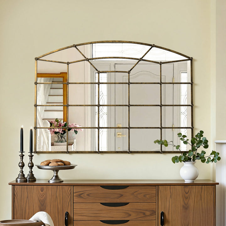 Reflect Vintage Metal Framed Arch Bronze Window & Wall Mantel Mirror For Living Room Entryway #30005