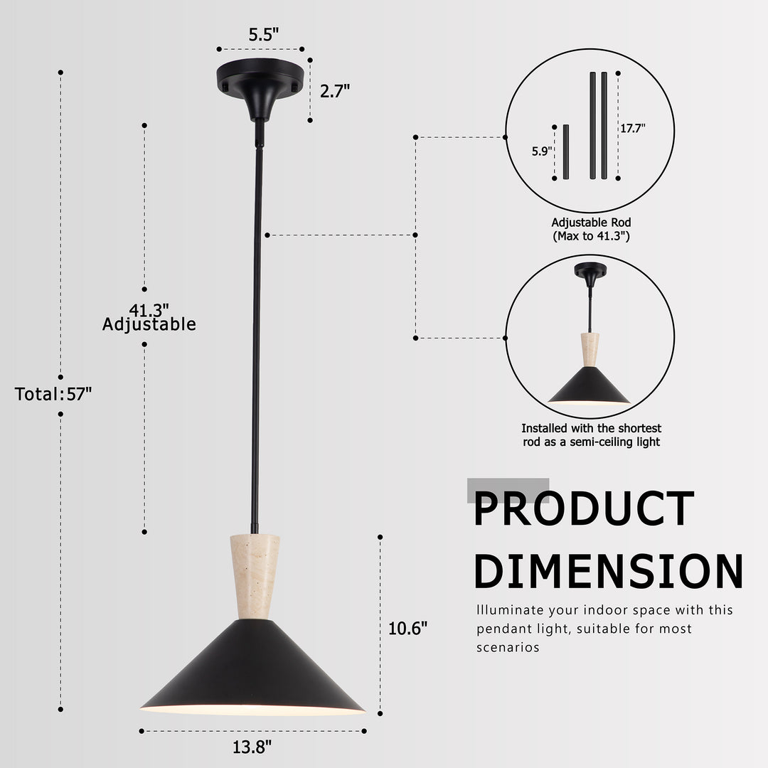 1-Light 13.8"W Black Metal Modern Cone Pendant With Marble Decoration For Kitchen Island Or Dining Room #19236