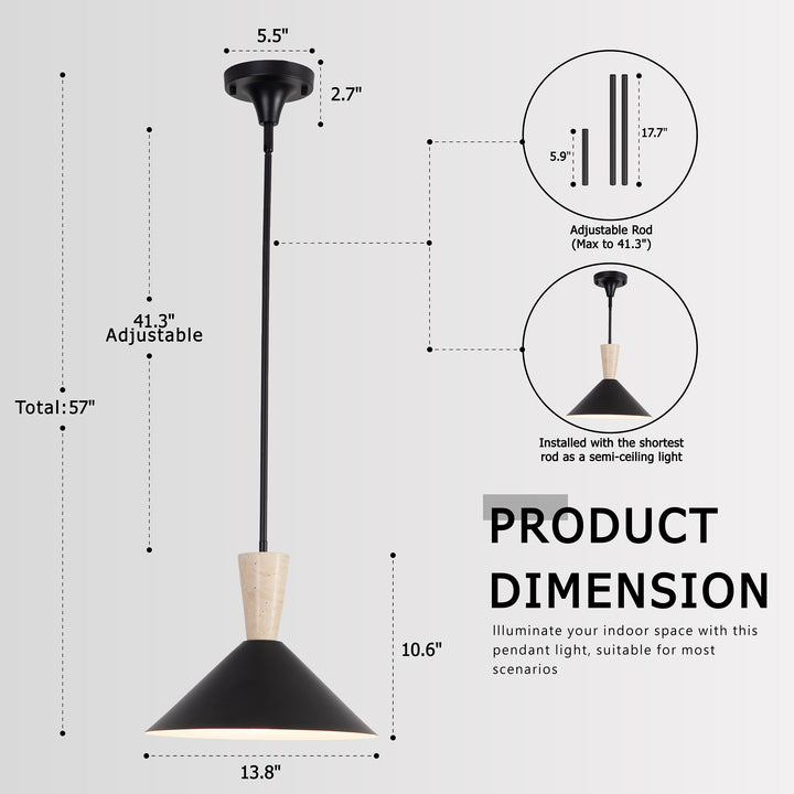 1-Light 13.8"W Black Metal Modern Cone Pendant With Marble Decoration For Kitchen Island Or Dining Room #19236