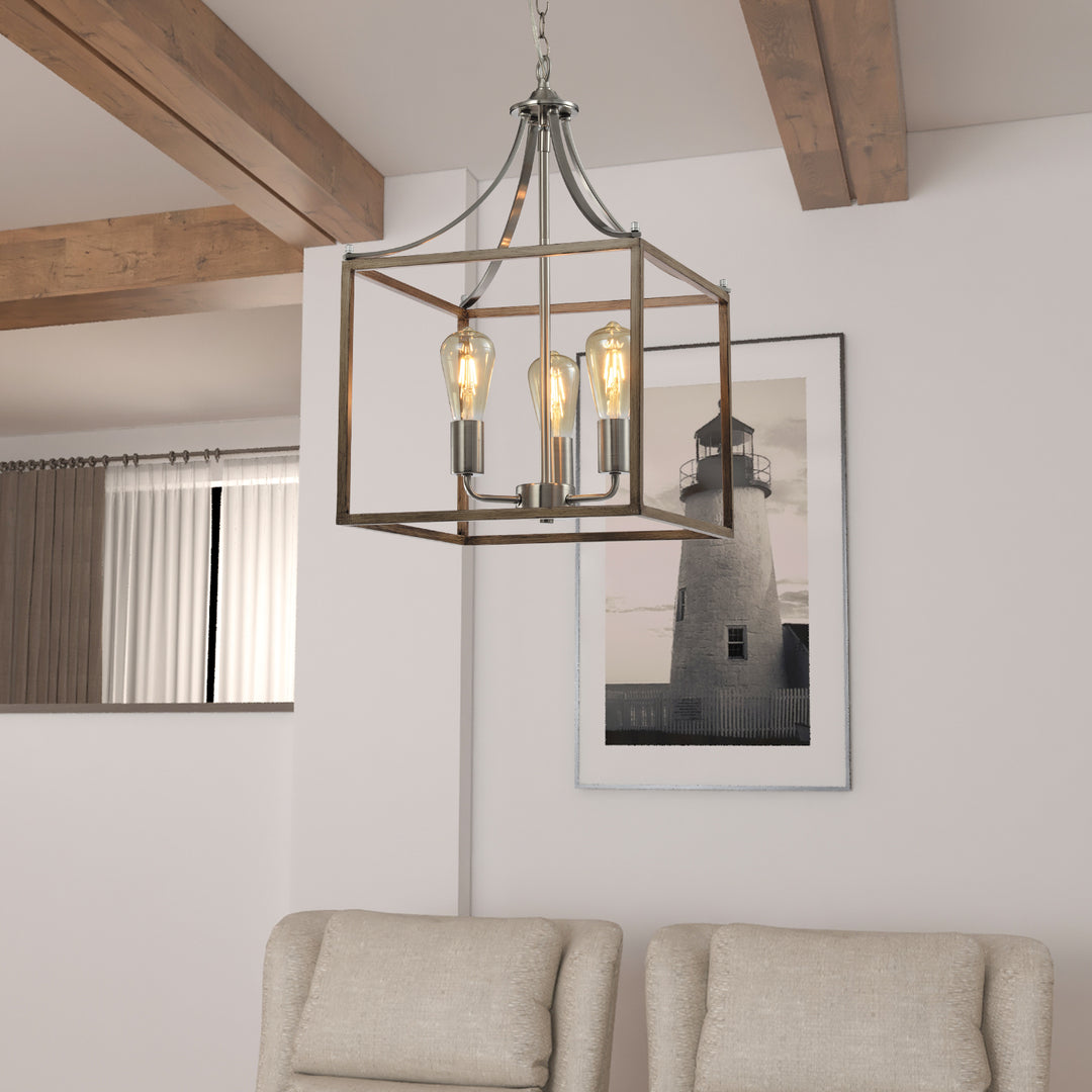 Maxax 3 - Light Lartern Square / Rectangle Wood / Sand Nickel Pendant With Wrought Iron #MX21031