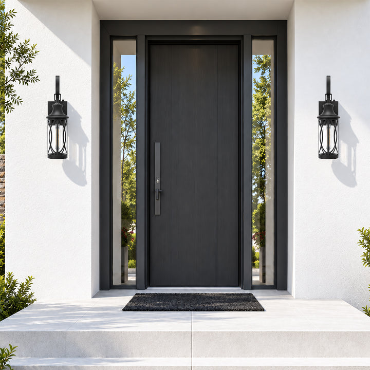 20" Farmhouse Outdoor Wall Sconces with Dusk-to-Dawn Sensor, Waterproof Matte Black Lanterns with Clear Glass, Set of 2 