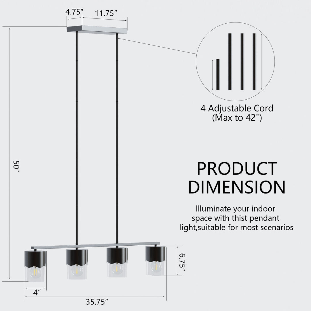 Glimmer 4-Light Metal And Glass Modern Linear Pendant Light With Adjustable Rod For Kitchen Island #29032