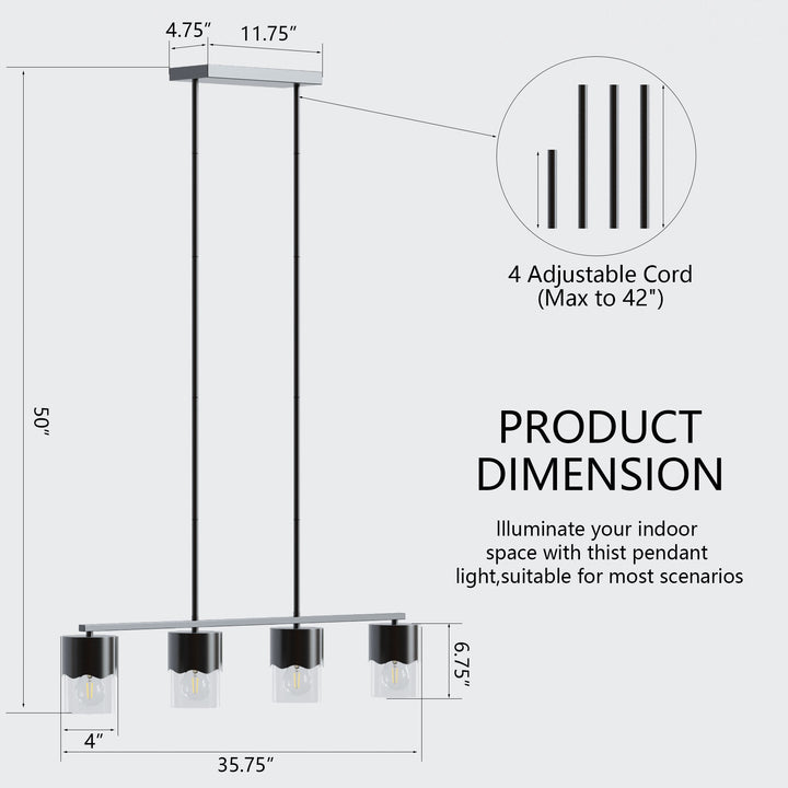 Glimmer 4-Light Metal And Glass Modern Linear Pendant Light With Adjustable Rod For Kitchen Island #29032