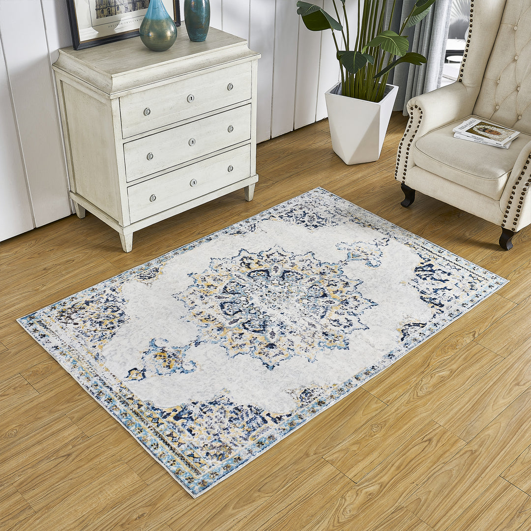 Yullili 4"x6" Area Rug for Living Room Vintage Oriental Washable Low Pile Non-Slip Rugs, Soft Decorative Room Boho Carpet Hallway Rug for Bedside, Playroom, Indoor Decor, Yellow/Blue