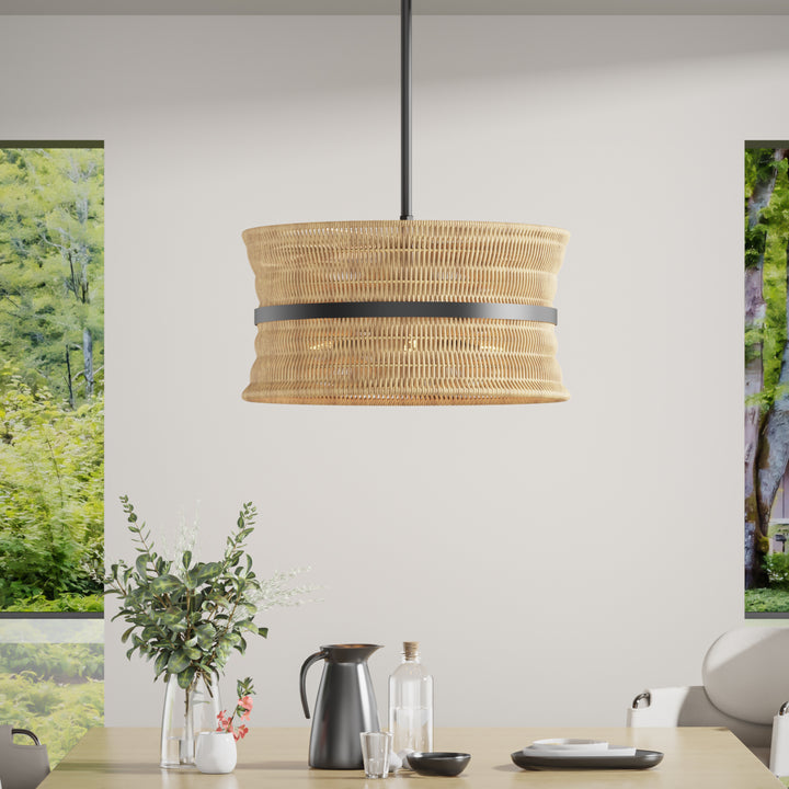 4-Light Rattan Shaded Drum Chandelier For Dinning Room