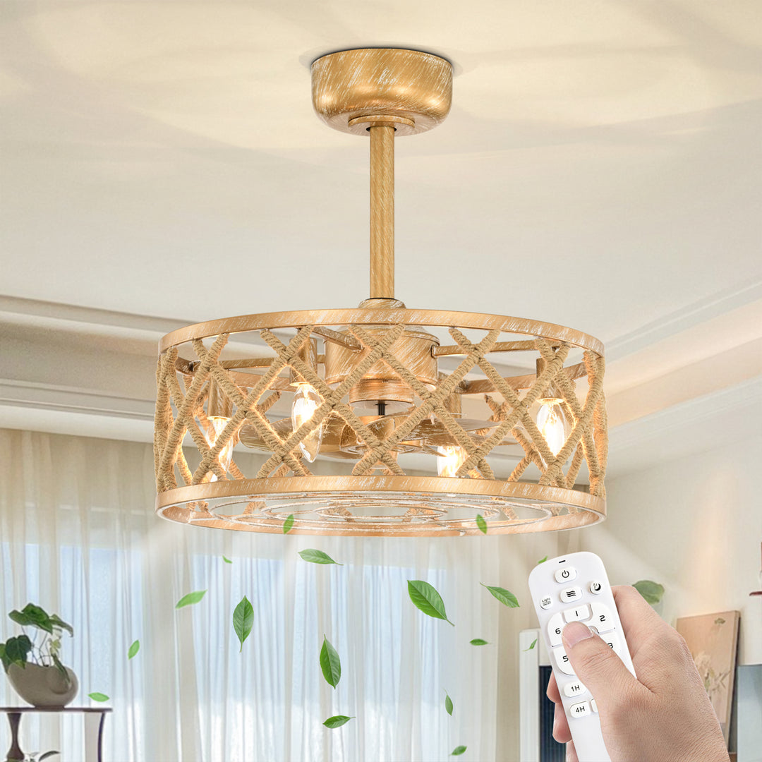 Maxax 19" Boho Caged Low Profile Ceiling Fan with Light and Remote, Stepless Color Temperature & 6 Speeds, Farmhouse Flush Mount Fan for Bedroom, Kitchen, Living Room, Kids Room #26001