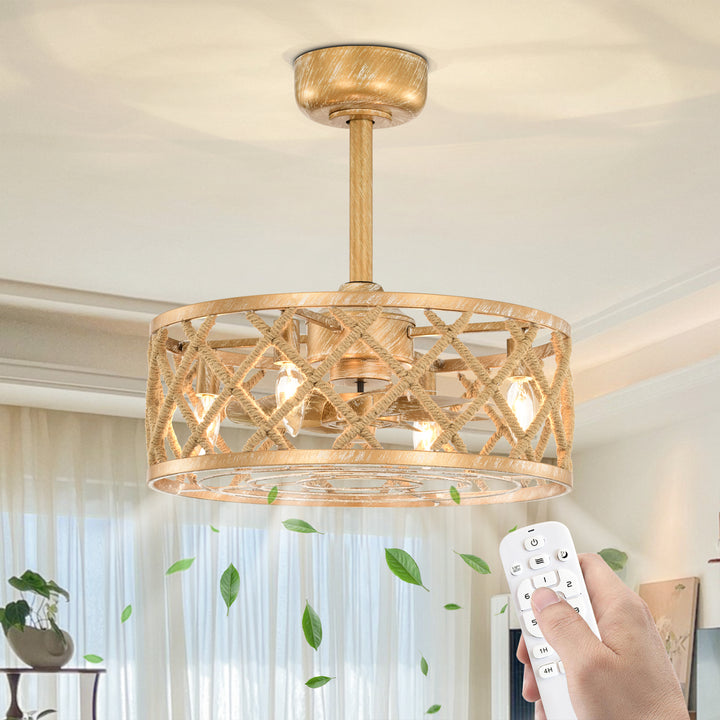 Maxax 19" Boho Caged Low Profile Ceiling Fan with Light and Remote, Stepless Color Temperature & 6 Speeds, Farmhouse Flush Mount Fan for Bedroom, Kitchen, Living Room, Kids Room #26001