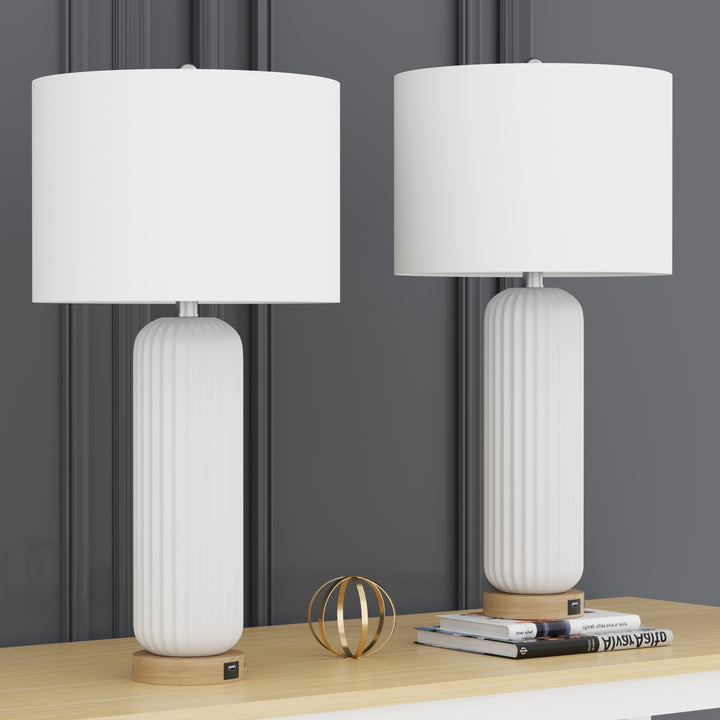 28" Modern Fluted Ceramic Table Lamp with USB Charging Port and 3-Way Dimmable Lighting for Bedroom, Living Room and Study (Set of 2) #T164