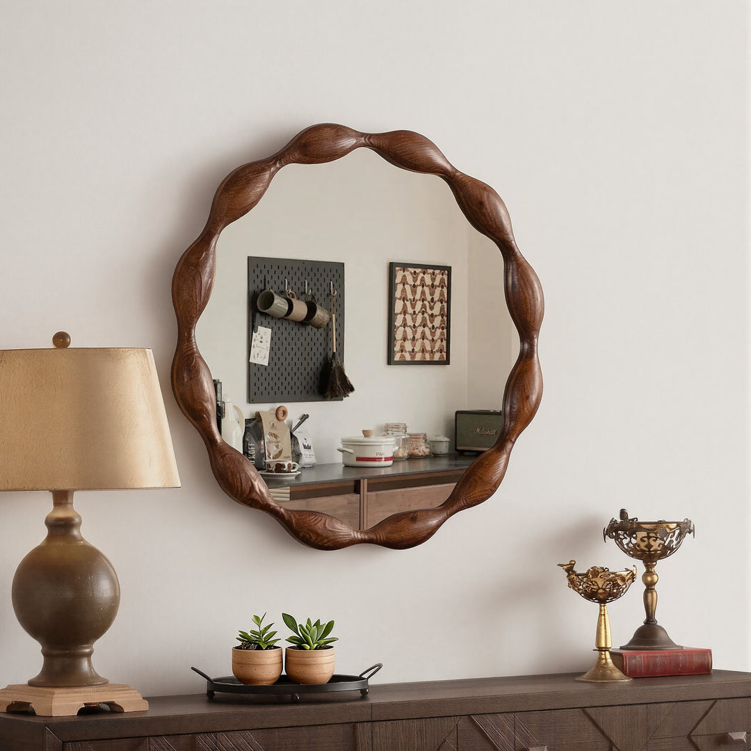 Clarity 32.5" Vintage Oval Solid Wood Framed Wavy Organic Design Wall Mounted Vanity Mirror #25036