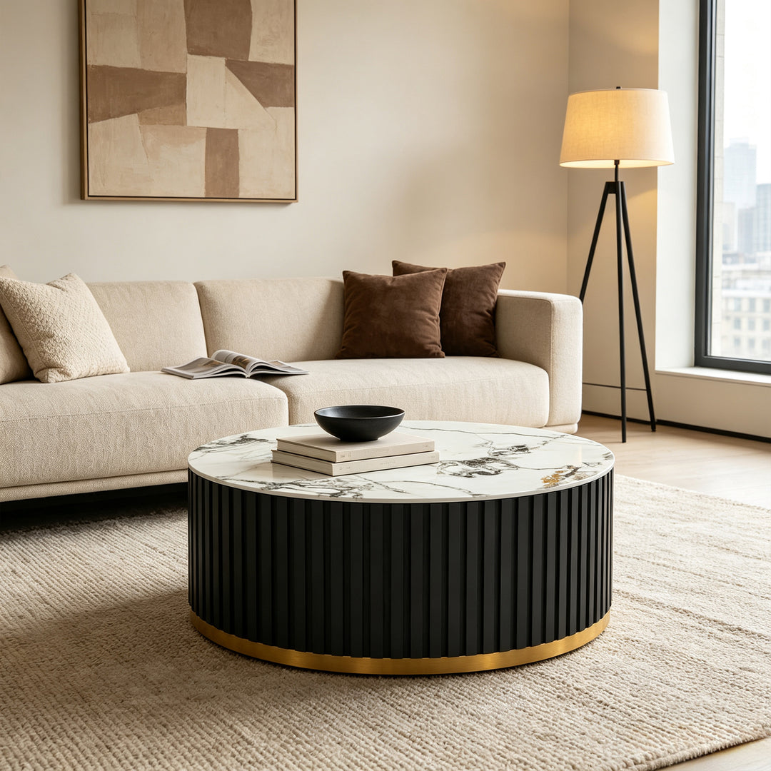 36" Solid Wood Round Drum Coffee Table with Sintered Stone Top #25049