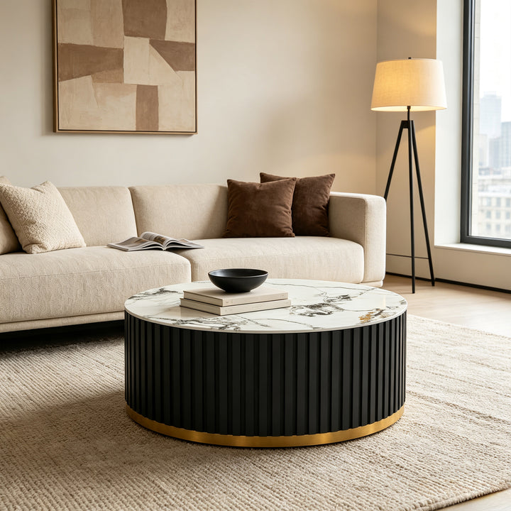 36" Solid Wood Round Drum Coffee Table with Sintered Stone Top #25049