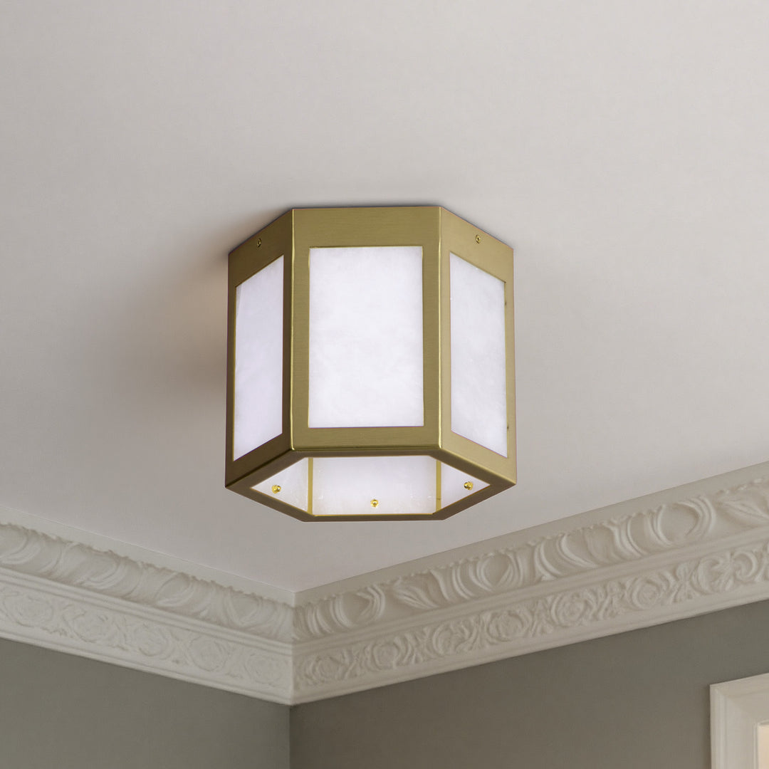 Nest 9.8" 1-Light Modern Brushed Brass White Jade Marble Lantern Flush Mount For Hallway/Entryway/Stairway #19238
