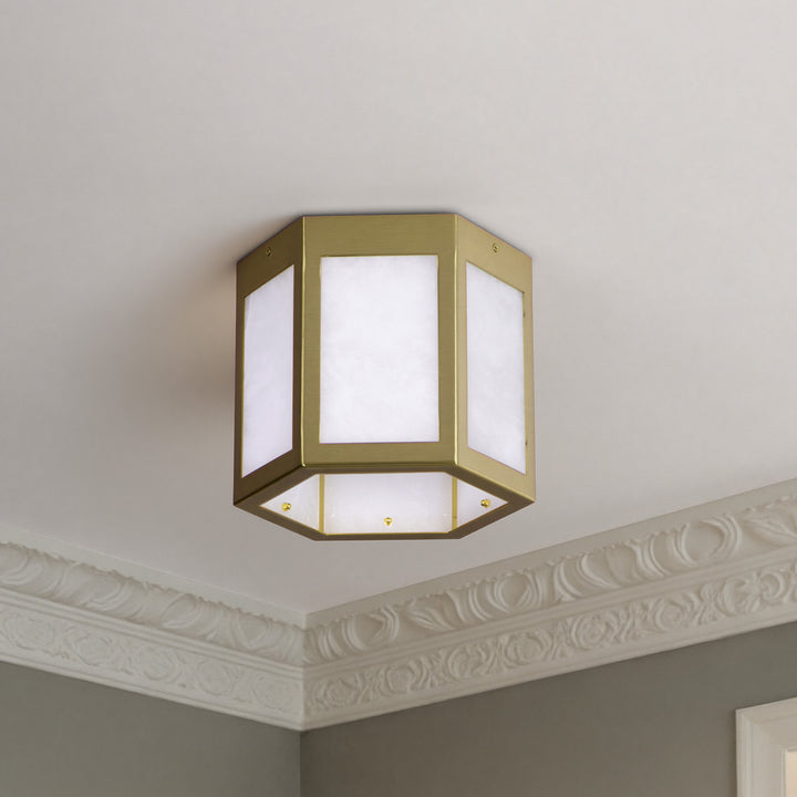 Nest 9.8" 1-Light Modern Brushed Brass White Jade Marble Lantern Flush Mount For Hallway/Entryway/Stairway #19238