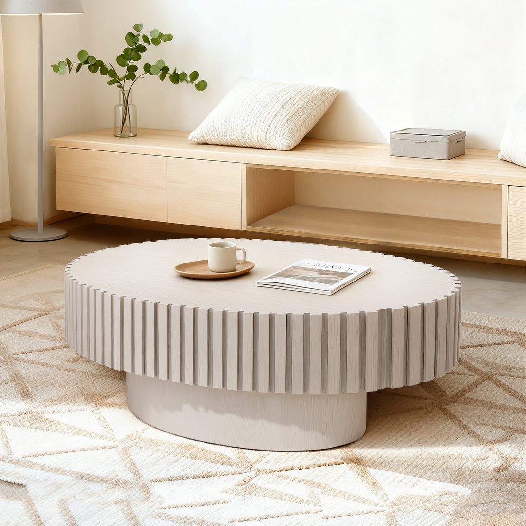 Timeless Round Coffee Table Handcrafted Relief Wooden Olive-Shaped Tea Table For Living Room #25013