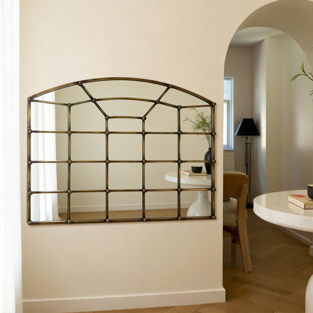 Reflect Vintage Metal Framed Arch Bronze Window & Wall Mantel Mirror For Living Room Entryway #30005