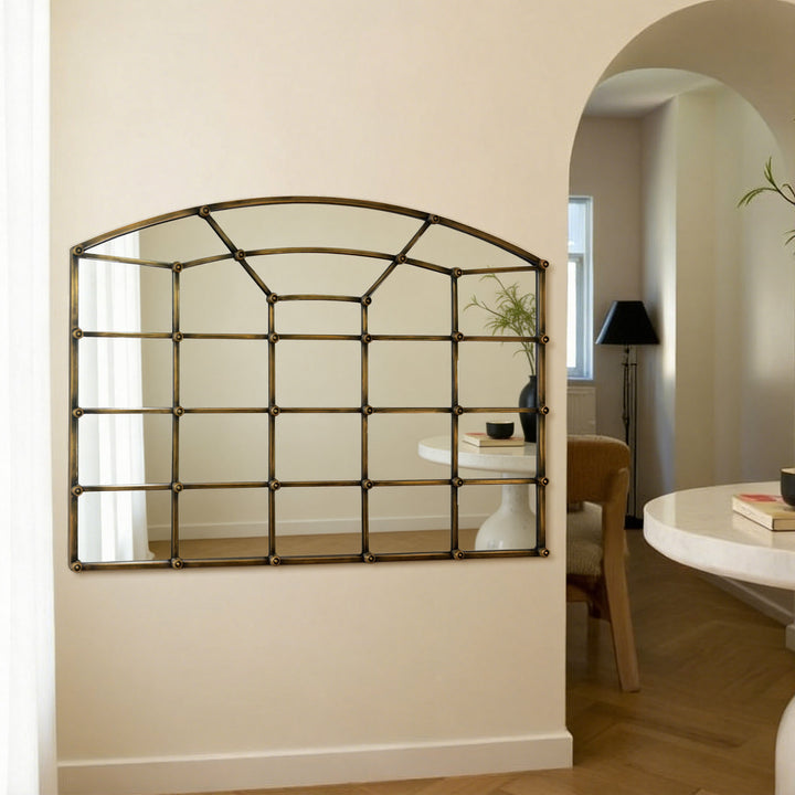 Reflect Vintage Metal Framed Arch Bronze Window & Wall Mantel Mirror For Living Room Entryway #30005