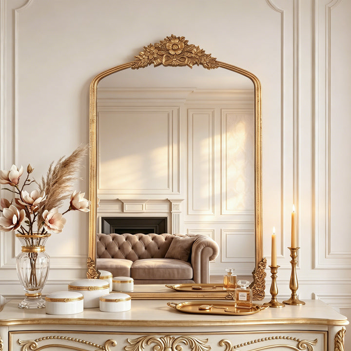 Panorama Vintage Iron Gold Baroque Metal Arched Vanity Mirror For Bedroom&living Room #30010